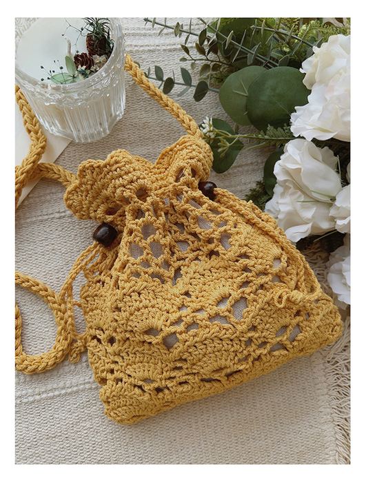 Floral Openwork Knit Drawstring Shoulder Bag