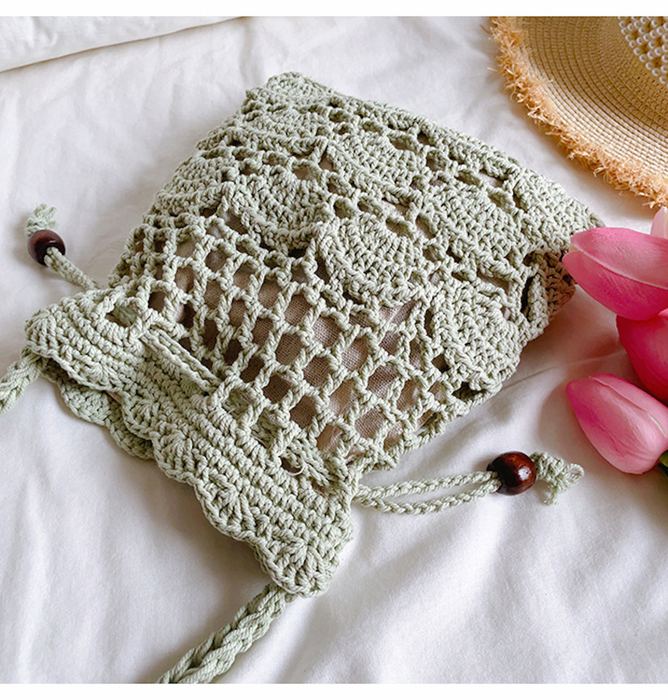 Floral Openwork Knit Drawstring Shoulder Bag