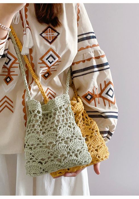 Floral Openwork Knit Drawstring Shoulder Bag