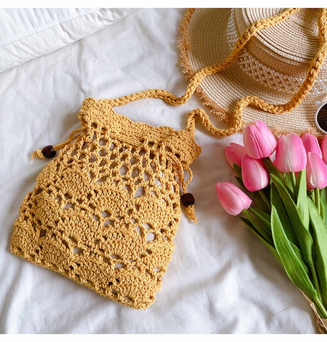 Floral Openwork Knit Drawstring Shoulder Bag