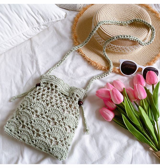 Floral Openwork Knit Drawstring Shoulder Bag