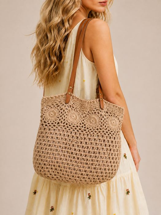 Openwork Cotton Knit Tote with Brown Shoulder Handles