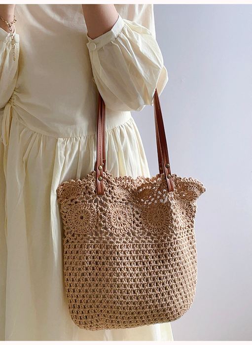 Openwork Cotton Knit Tote with Brown Shoulder Handles