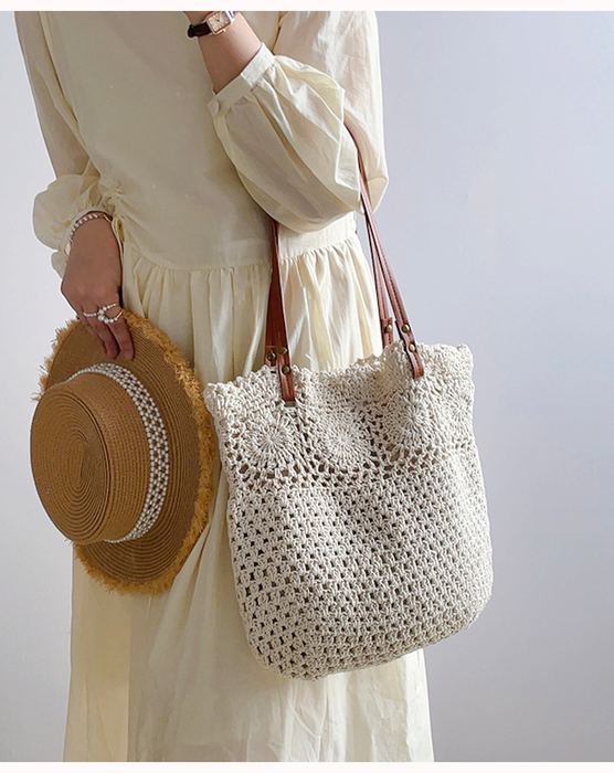 Openwork Cotton Knit Tote with Brown Shoulder Handles