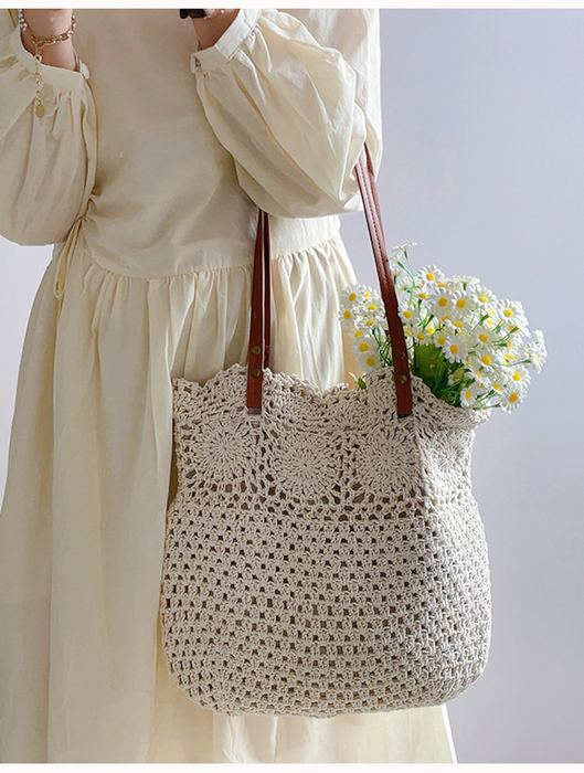 Openwork Cotton Knit Tote with Brown Shoulder Handles