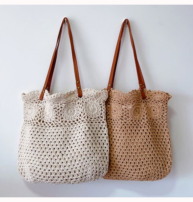 Openwork Cotton Knit Tote with Brown Shoulder Handles