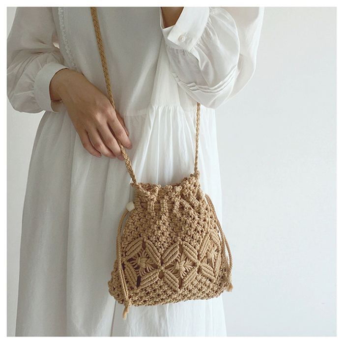 Diamond-Pattern Cotton Macrame Drawstring Shoulder Bag