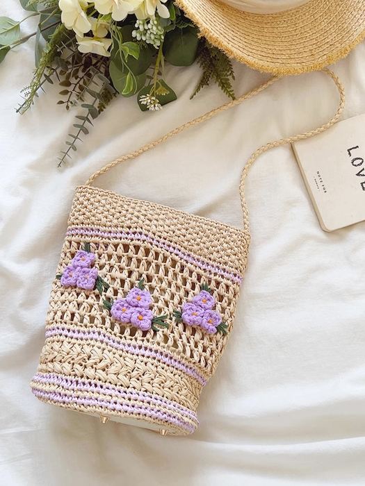 Lavender Floral Raffia Bucket Shoulder Bag