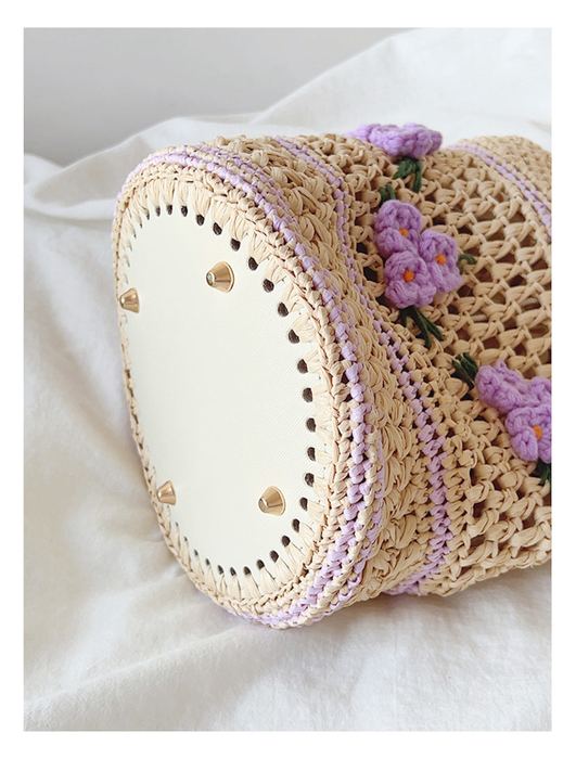 Lavender Floral Raffia Bucket Shoulder Bag