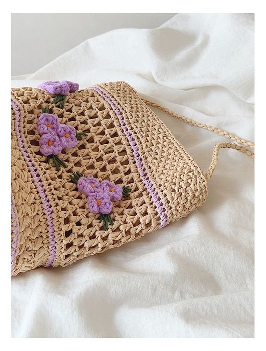 Lavender Floral Raffia Bucket Shoulder Bag