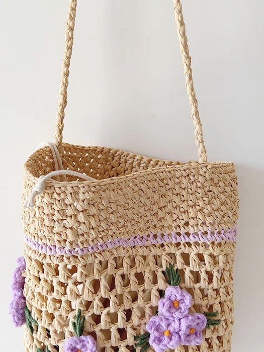 Lavender Floral Raffia Bucket Shoulder Bag