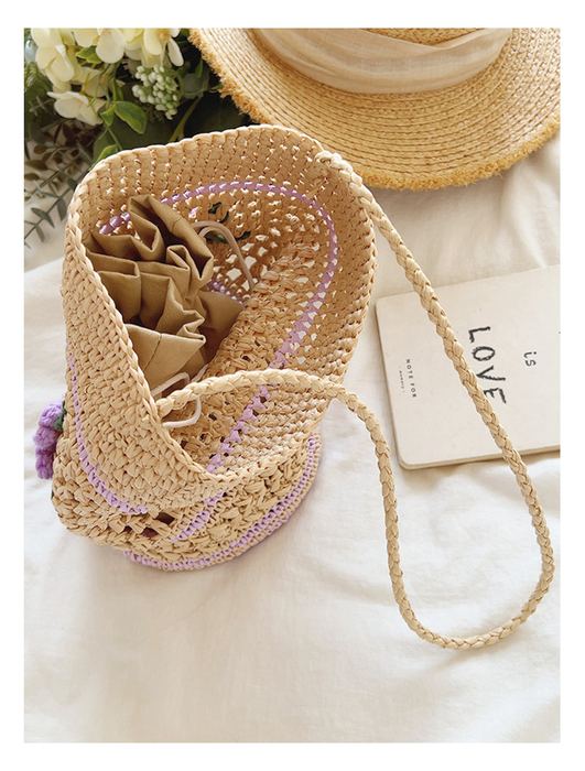 Lavender Floral Raffia Bucket Shoulder Bag