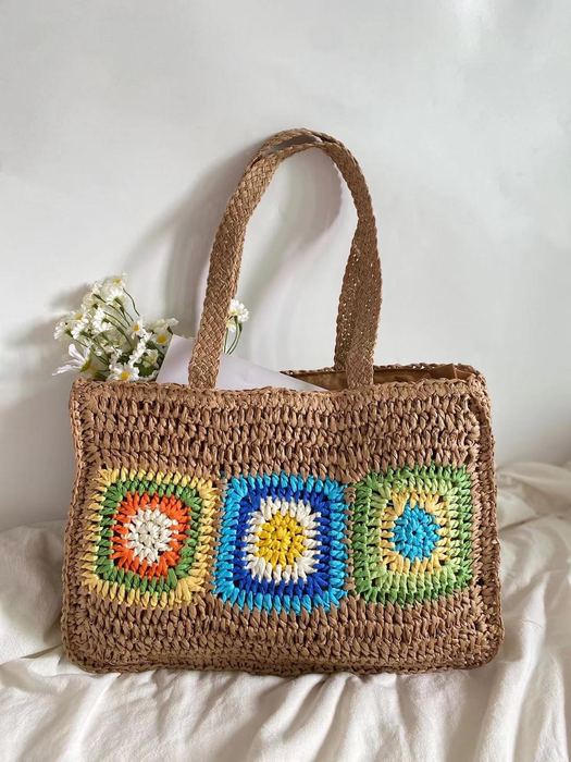 Straw Tote with Colorful Granny-Square Front Patches