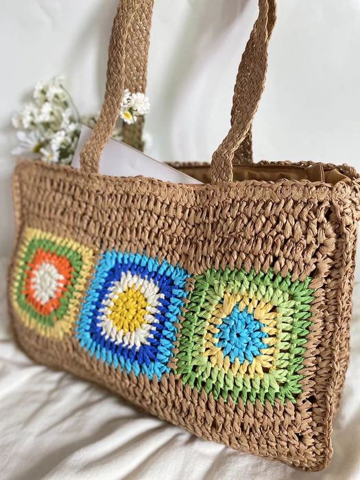 Straw Tote with Colorful Granny-Square Front Patches