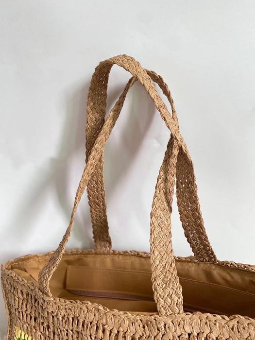 Straw Tote with Colorful Granny-Square Front Patches