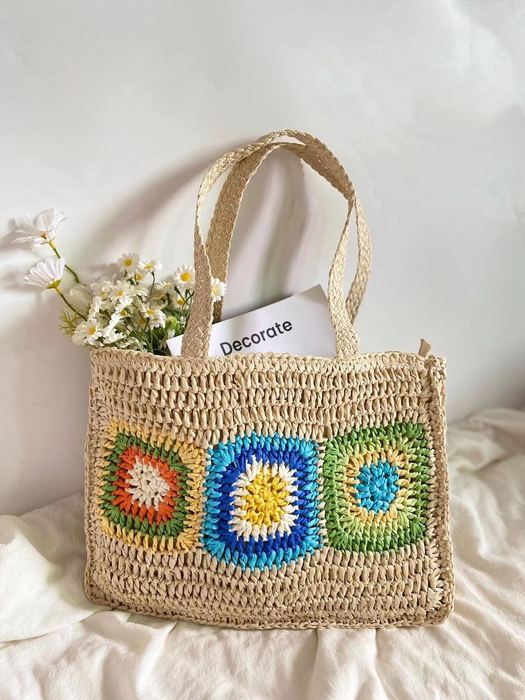 Straw Tote with Colorful Granny-Square Front Patches