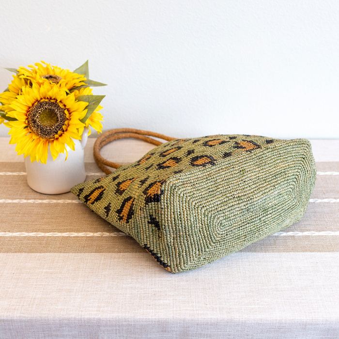 Green Leopard-Pattern Raffia Tote with Rounded Handles