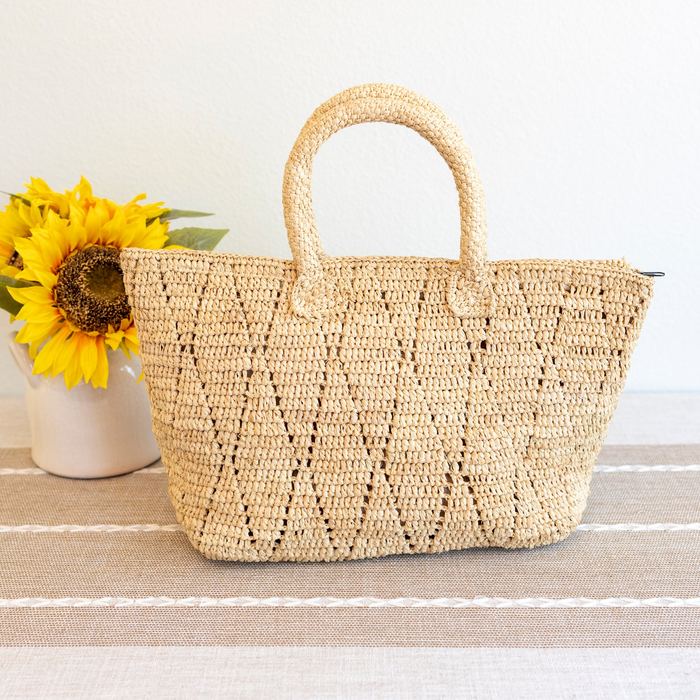 Diamond-Weave Raffia Top-Handle Tote