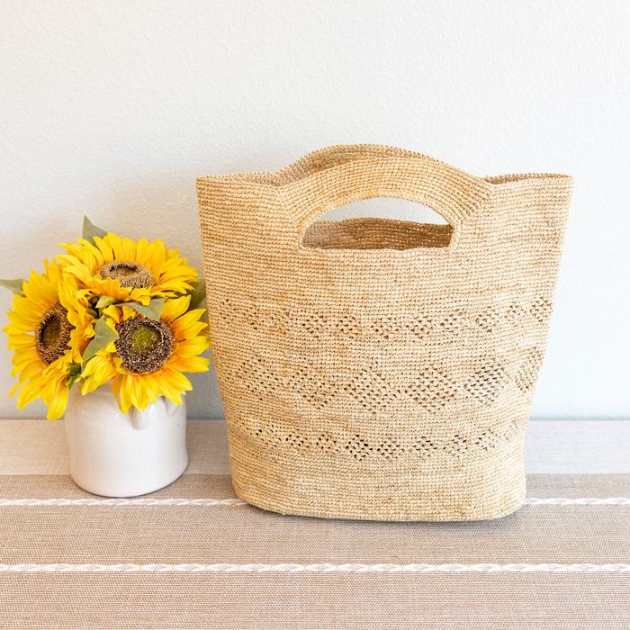 Raffia Tote with Cutout Handles and Diamond Weave