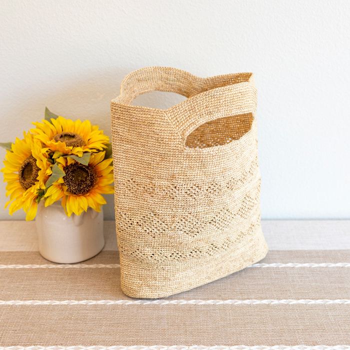 Raffia Tote with Cutout Handles and Diamond Weave