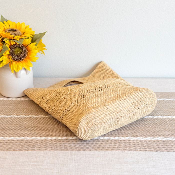 Raffia Tote with Cutout Handles and Diamond Weave
