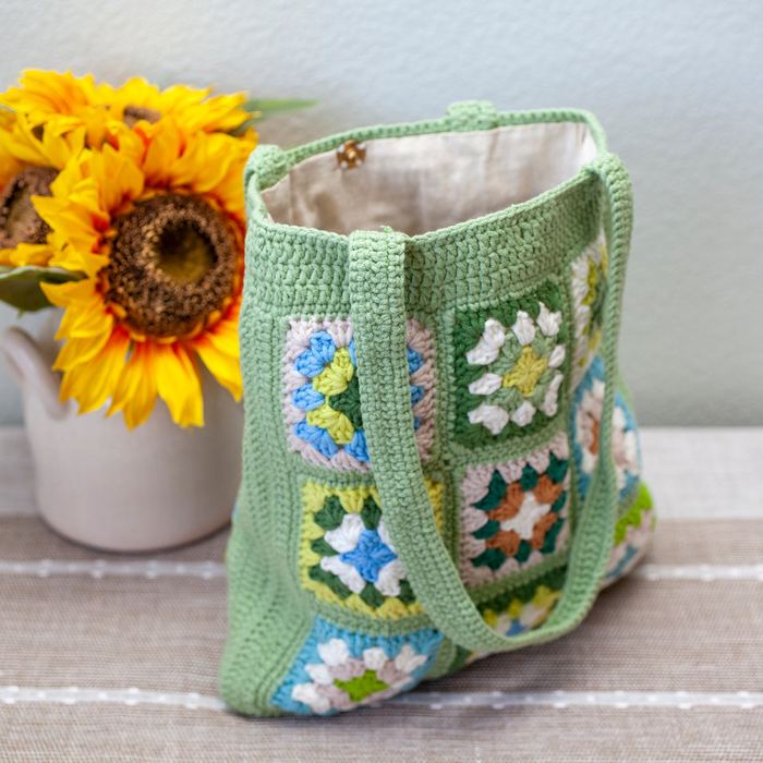 Nine-Square Floral Crochet Shoulder Tote