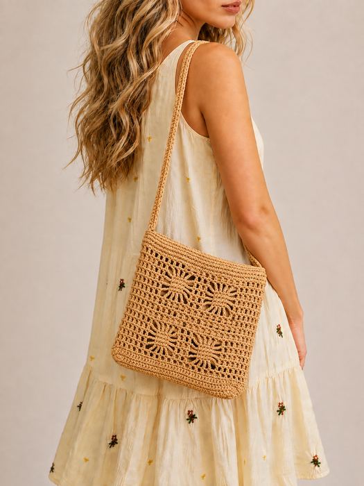 Openwork Crochet Crossbody Bag with Wide Strap