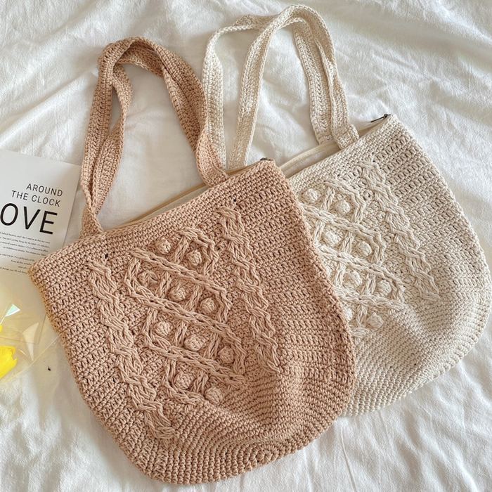 Cotton Knit Bucket Bag with Decorative Center Panel