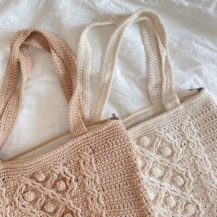 Cotton Knit Bucket Bag with Decorative Center Panel