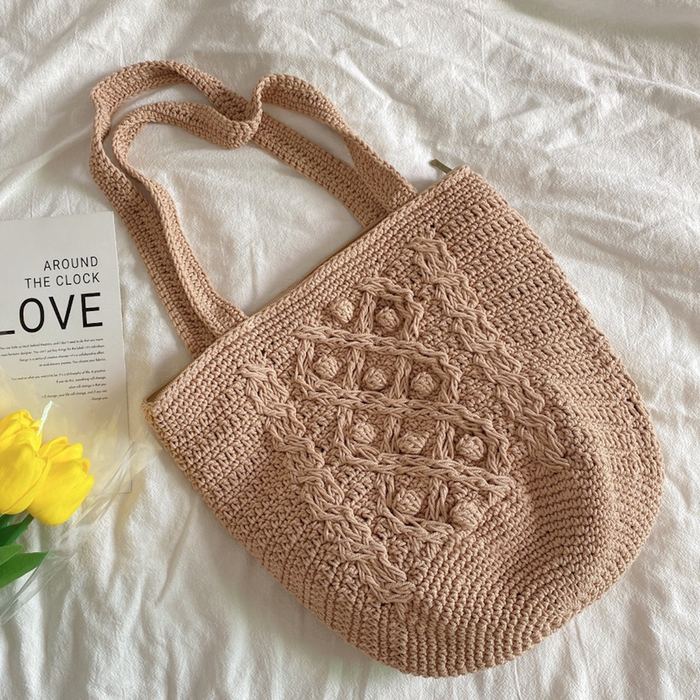 Cotton Knit Bucket Bag with Decorative Center Panel