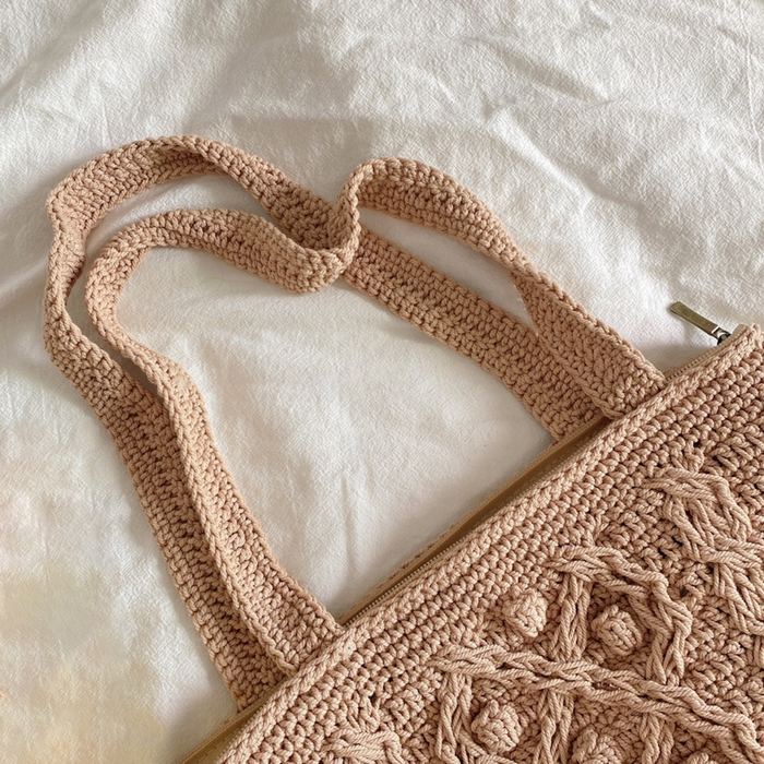 Cotton Knit Bucket Bag with Decorative Center Panel