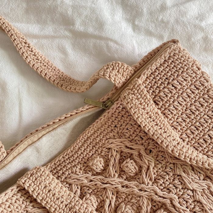 Cotton Knit Bucket Bag with Decorative Center Panel