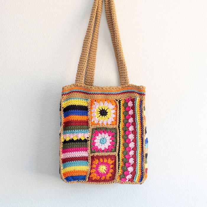Striped Floral Patchwork Crochet Shoulder Bag