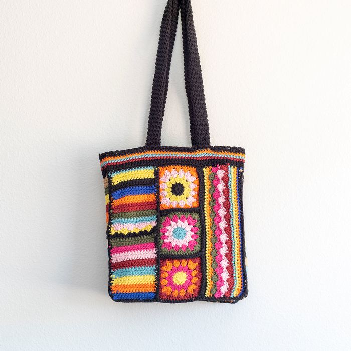 Striped Floral Patchwork Crochet Shoulder Bag