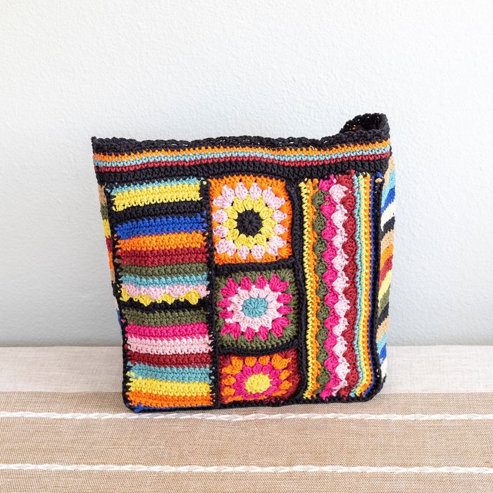 Striped Floral Patchwork Crochet Shoulder Bag