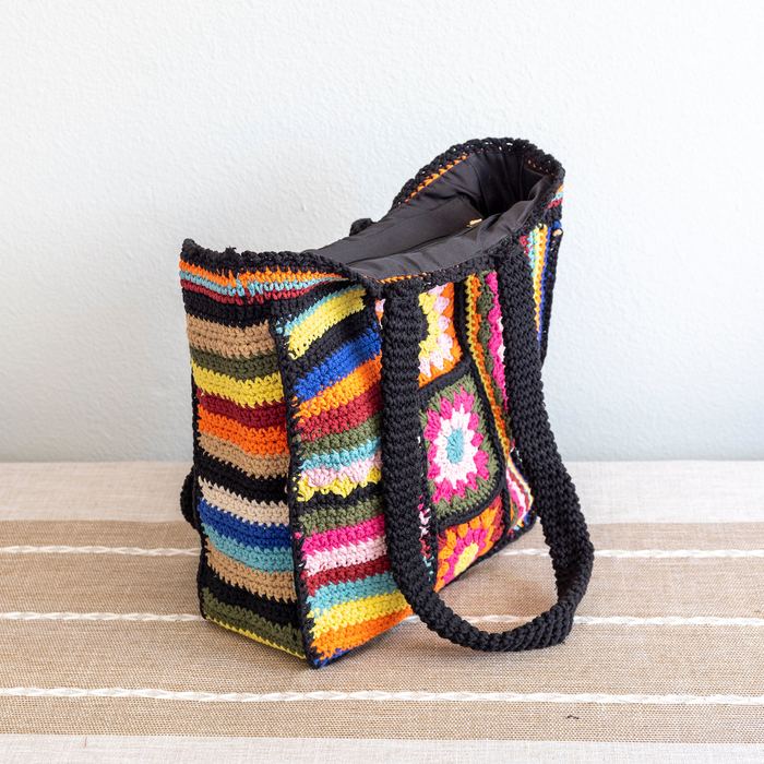 Striped Floral Patchwork Crochet Shoulder Bag