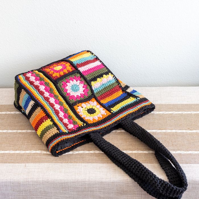 Striped Floral Patchwork Crochet Shoulder Bag