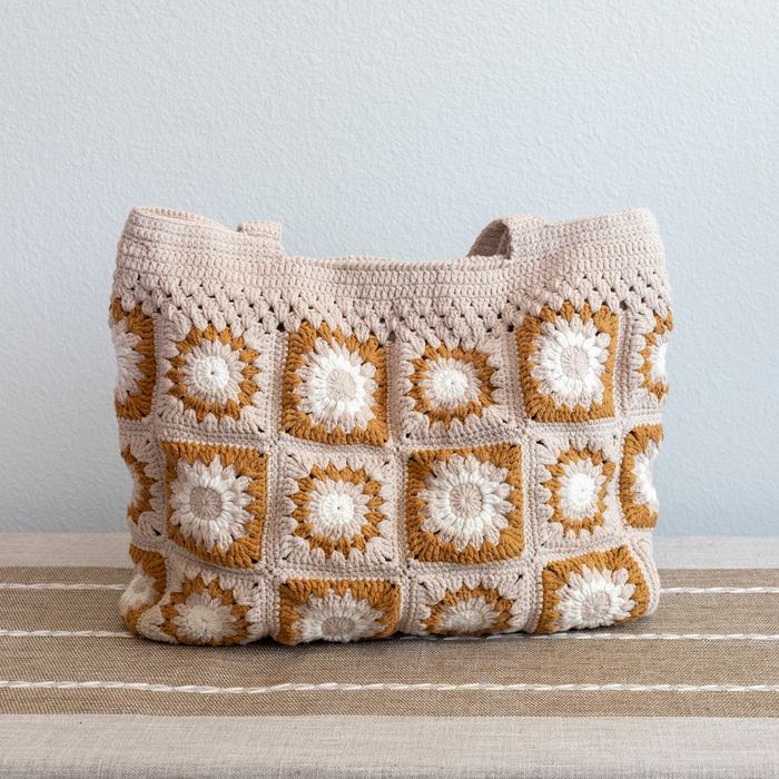 Cream-and-Tan Floral Granny-Square Crochet Tote