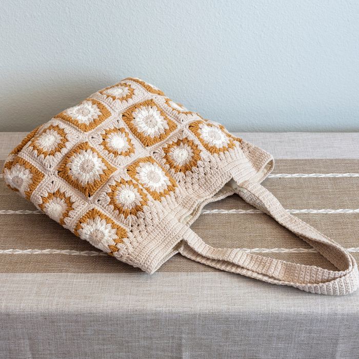 Cream-and-Tan Floral Granny-Square Crochet Tote