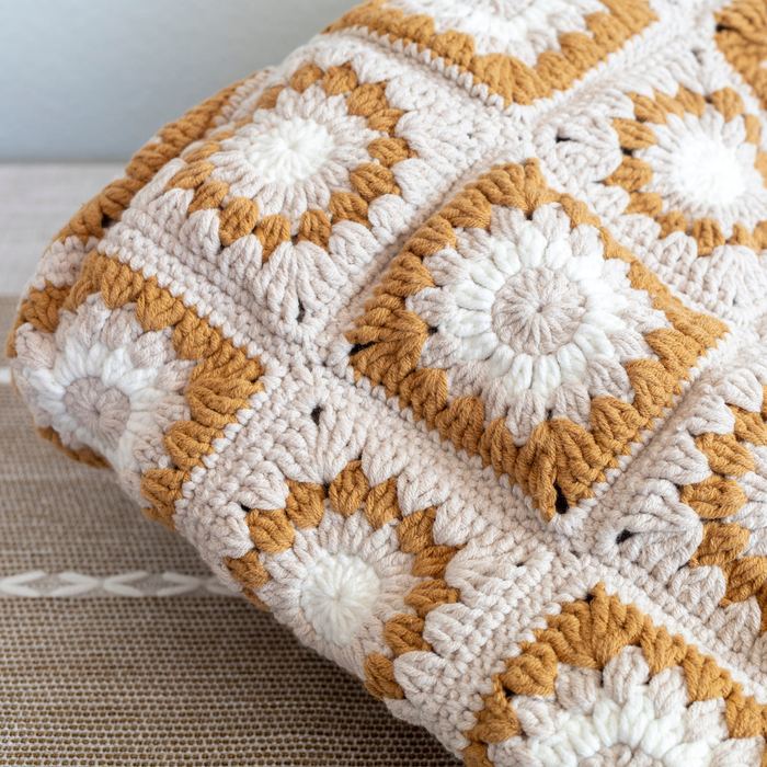 Cream-and-Tan Floral Granny-Square Crochet Tote
