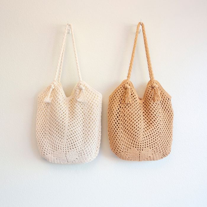 Open-Weave Crochet Shoulder Tote with Draped Opening