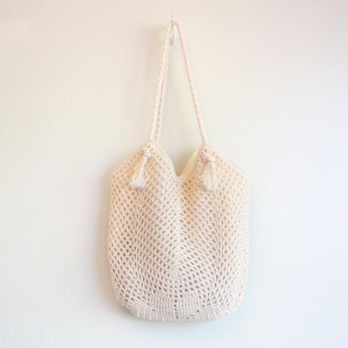 Open-Weave Crochet Shoulder Tote with Draped Opening