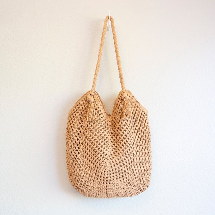 Open-Weave Crochet Shoulder Tote with Draped Opening