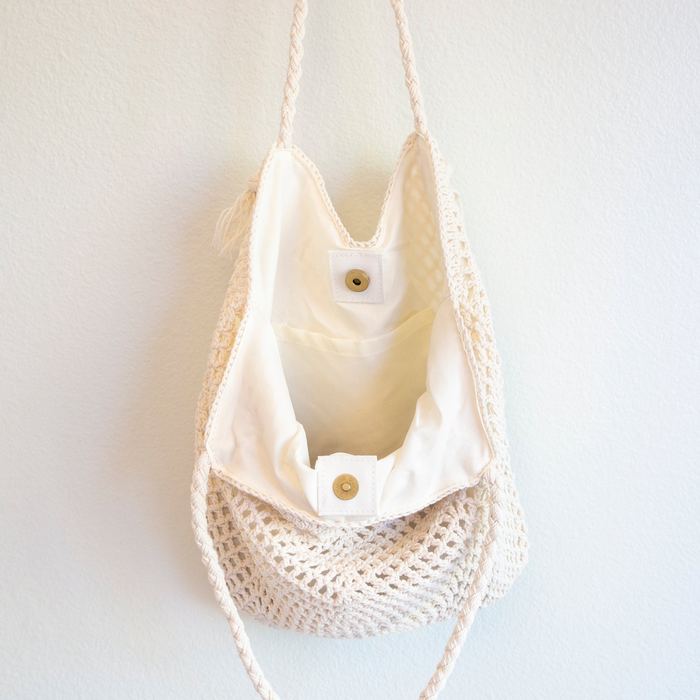 Open-Weave Crochet Shoulder Tote with Draped Opening