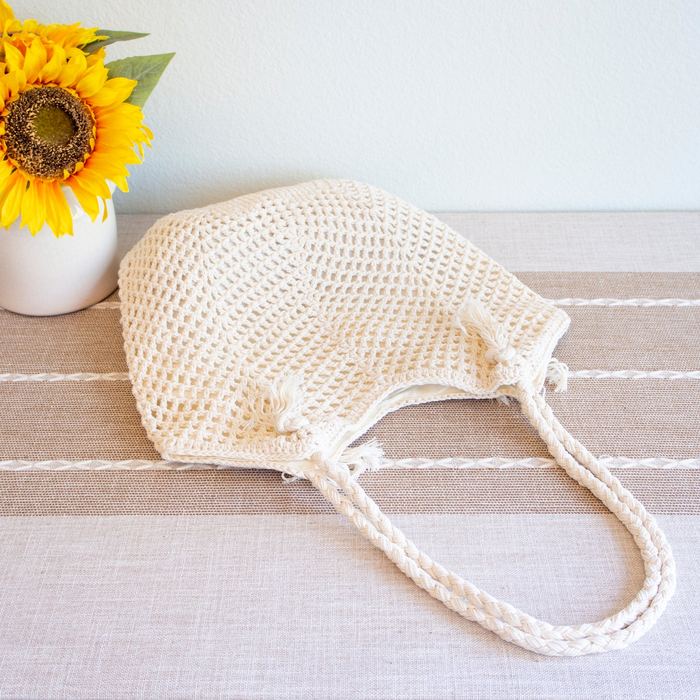 Open-Weave Crochet Shoulder Tote with Draped Opening