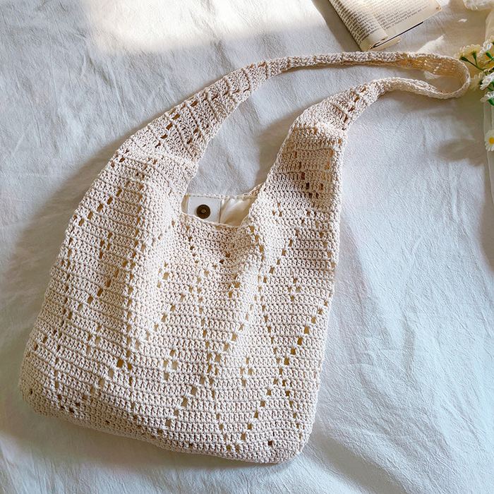 Openwork Crochet Shoulder Tote with Diagonal Pattern