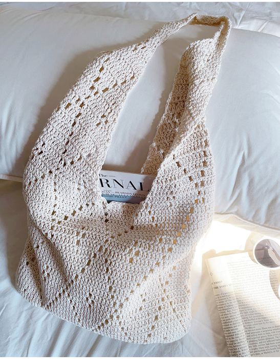 Openwork Crochet Shoulder Tote with Diagonal Pattern