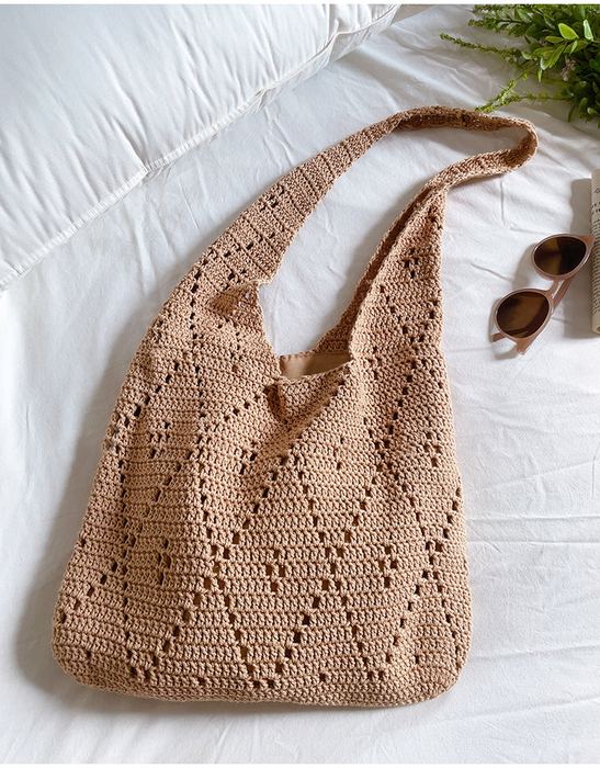 Openwork Crochet Shoulder Tote with Diagonal Pattern