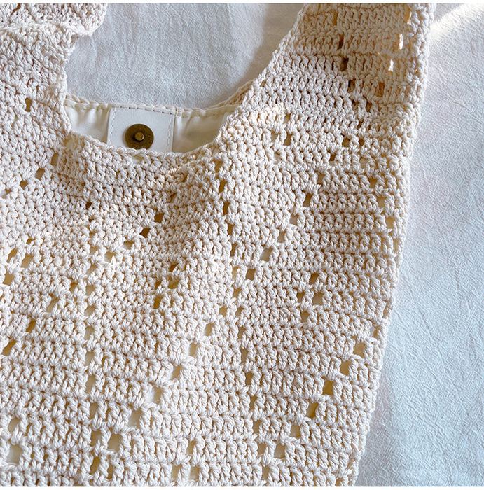 Openwork Crochet Shoulder Tote with Diagonal Pattern