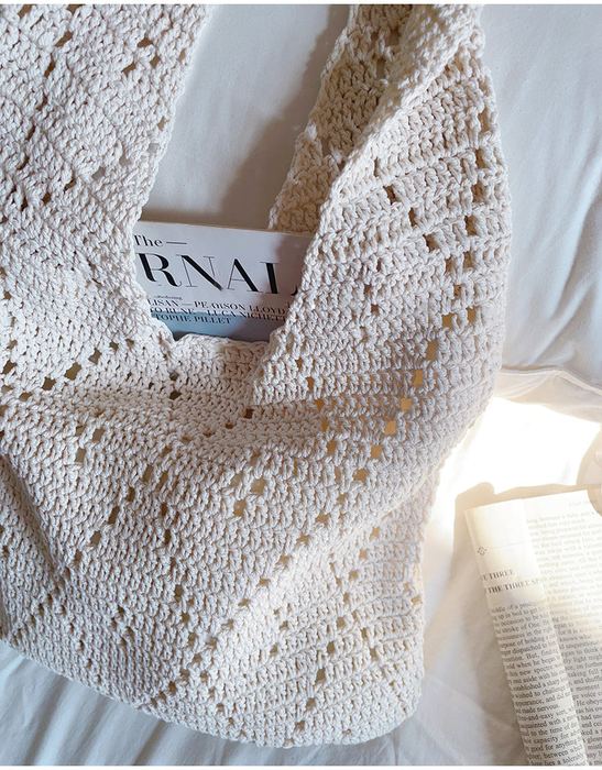 Openwork Crochet Shoulder Tote with Diagonal Pattern
